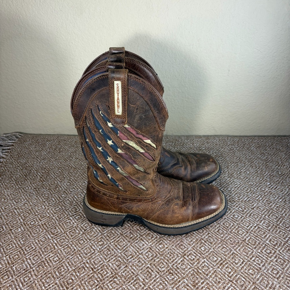 Shyanne Xero Gravity Flag Brown Leather Square Toe Western Boots Women 7.5M Boho